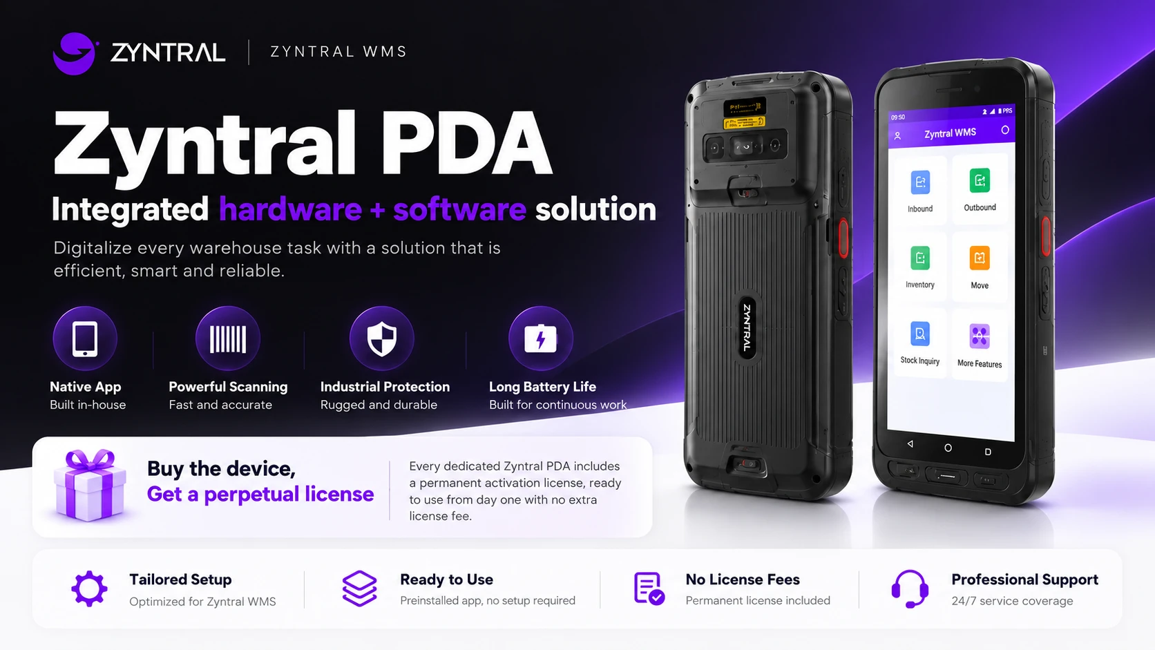 أجهزة PDA من Zyntral مزودة بقارئ رموز شريطية وتطبيق مستودع متكامل مع Zyntral WMS.