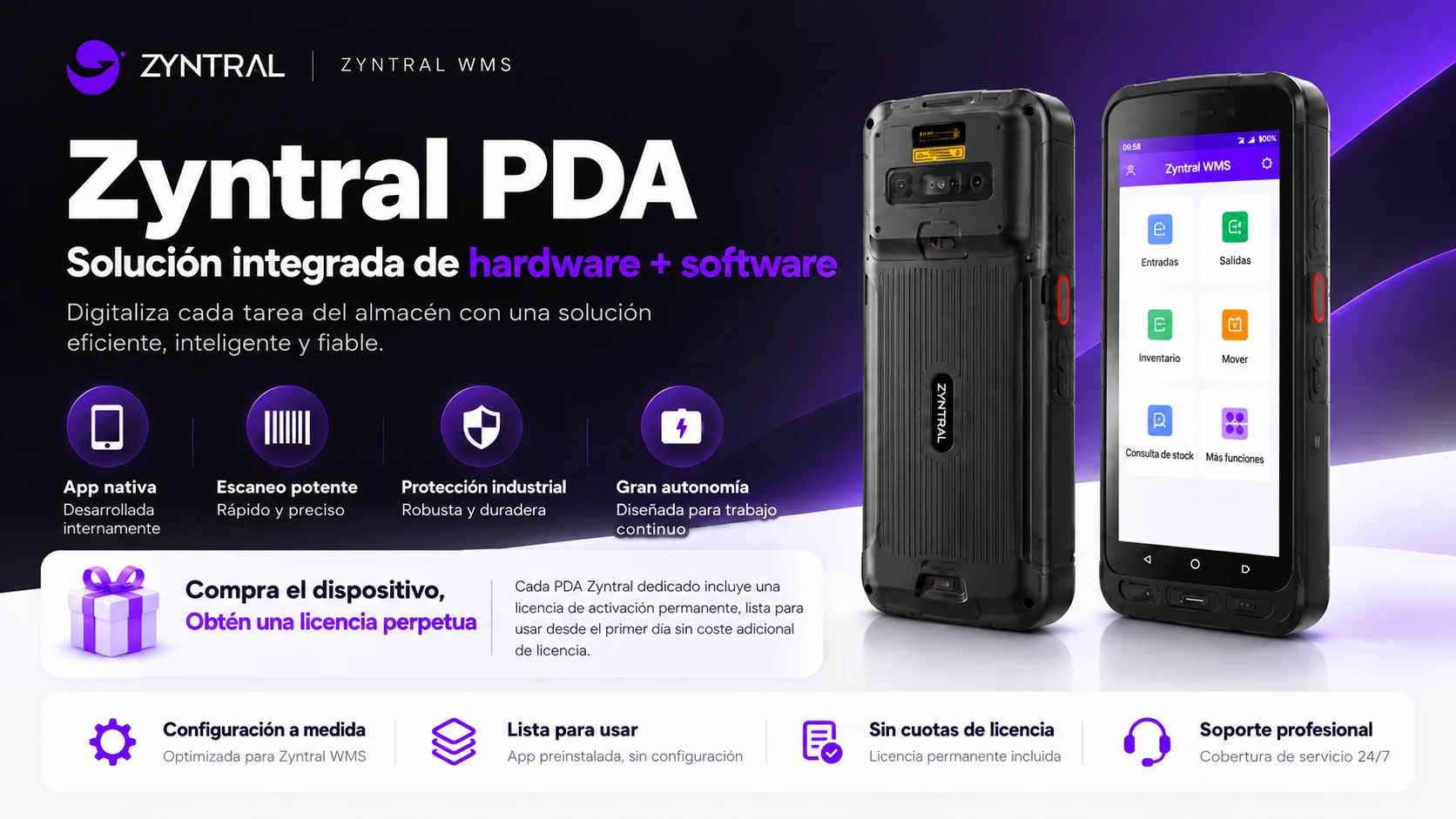 Terminales PDA Zyntral con lector de códigos de barras y app de almacén integrada con Zyntral WMS.
